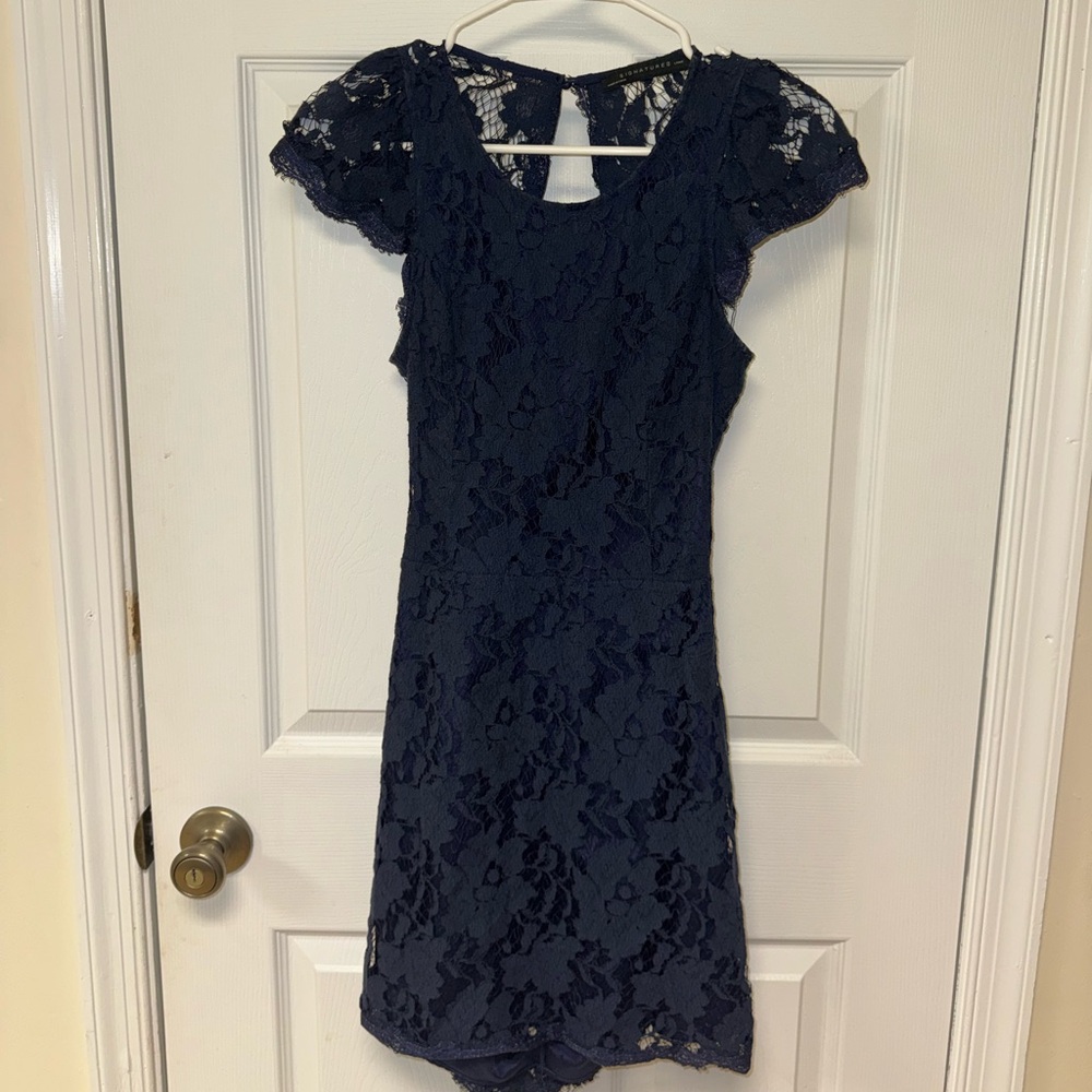 Signature Navy Lace Midi Dress with Open Back